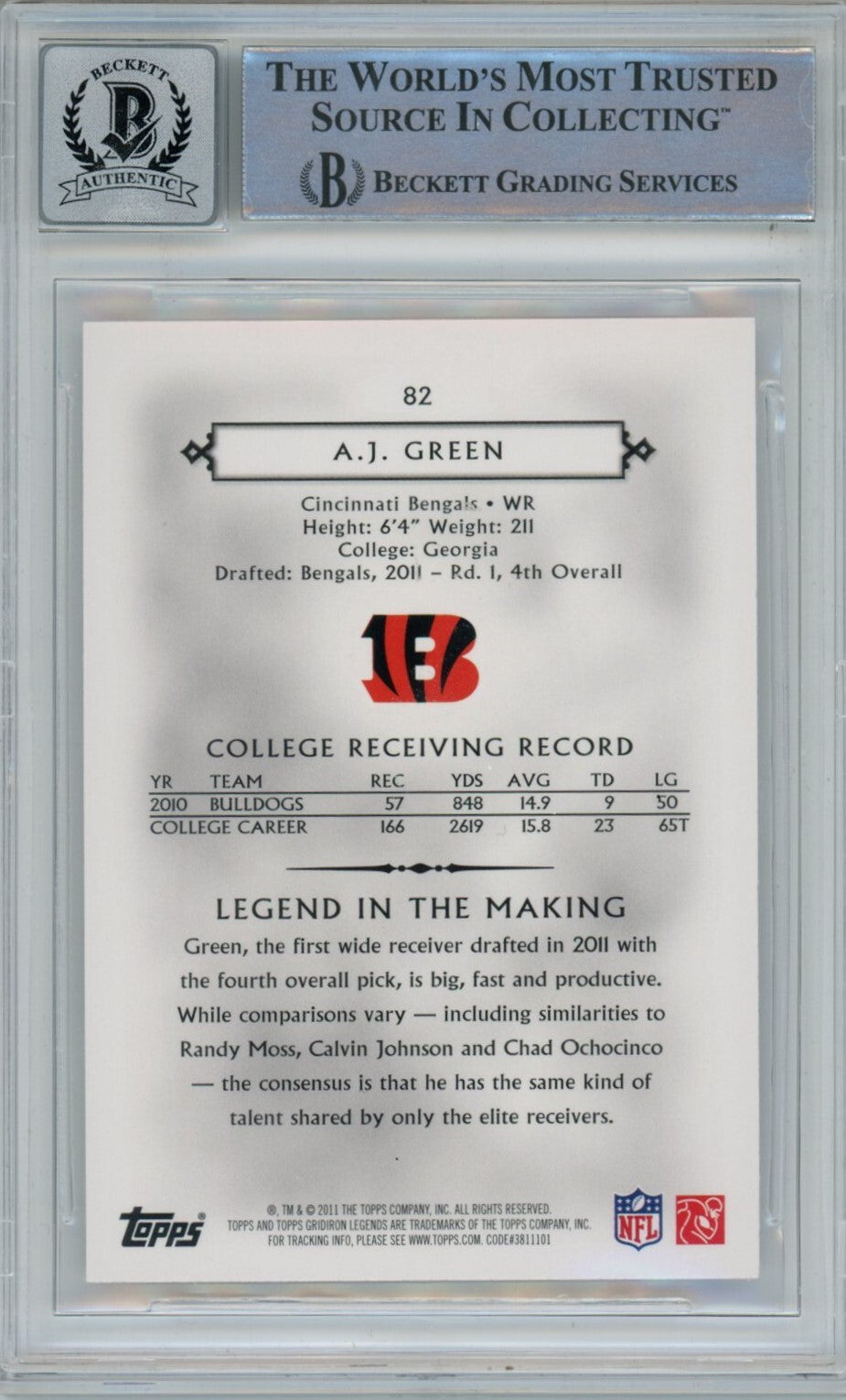AJ Green Signed Cincinnati Bengals 2011 Topps Legends #82 Trading Card BAS 10