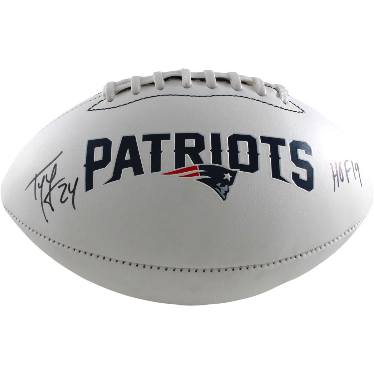 Ty Law Autographed New England Patriots Logo Football with HOF Inscription