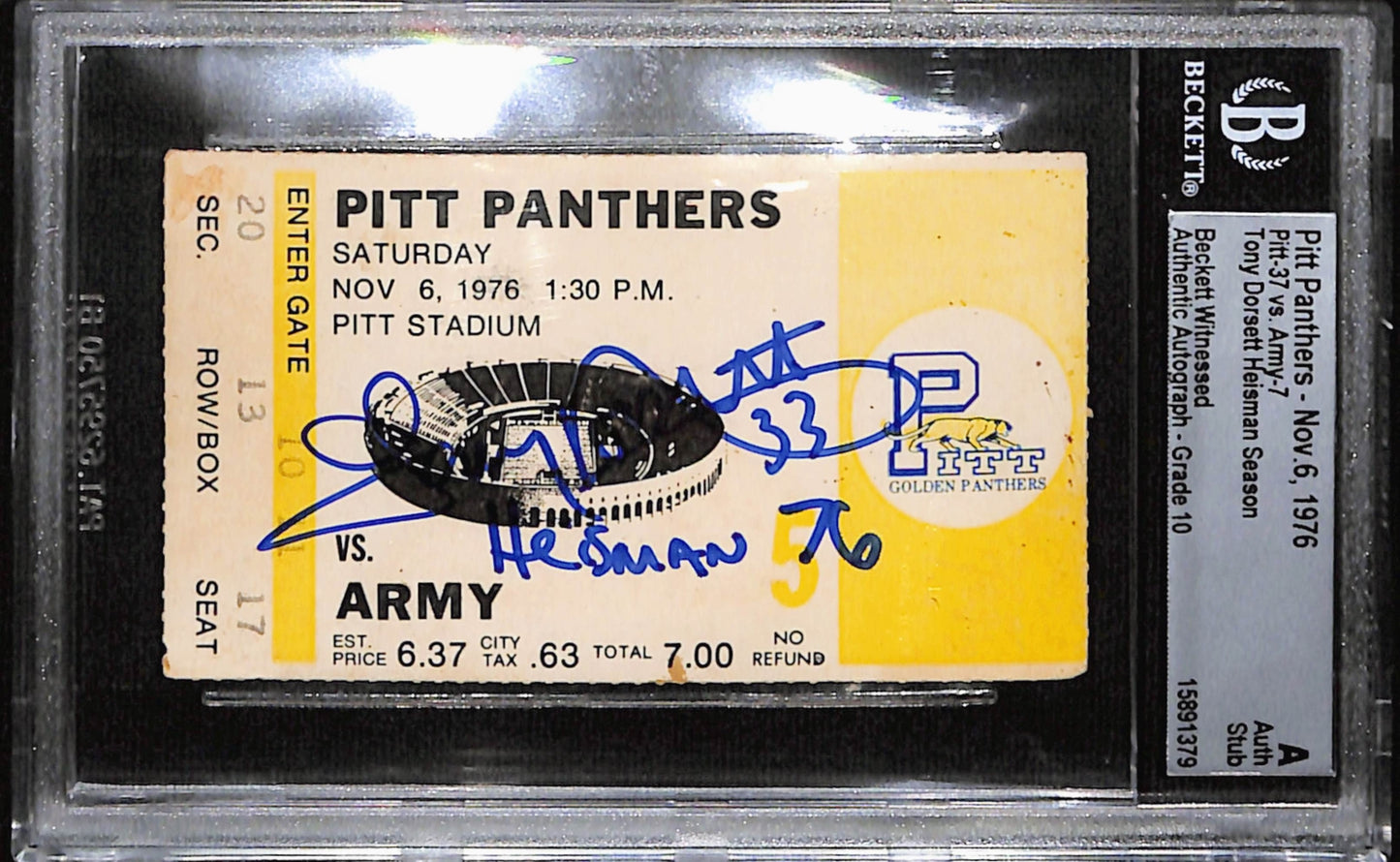 Tony Dorsett Signed Pittsburgh Panthers Ticket Stub Heisman 76 Inscribed BAS