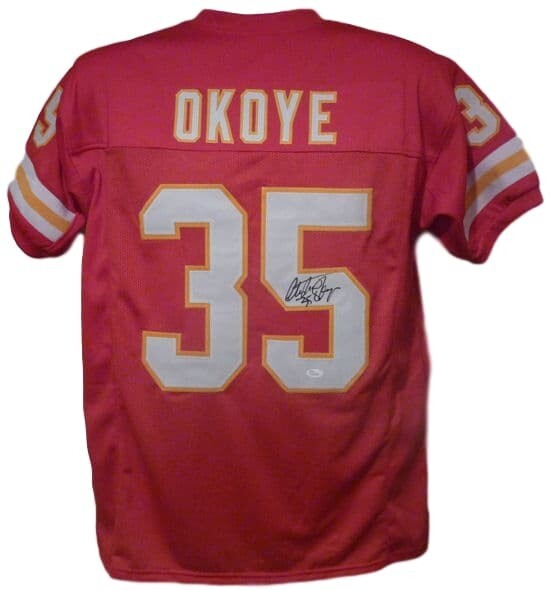 Christian Okoye Autographed Red Pro Style Jersey (Beckett COA)