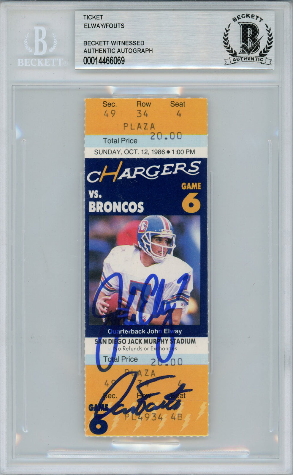 John Elway & Dan Fouts Autographed 1986 Broncos vs Chargers Ticket Stub BAS