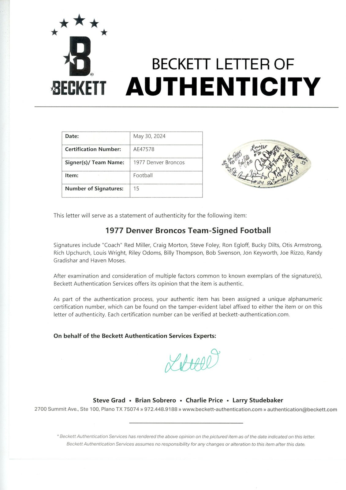 1977 Denver Broncos Team Signed Multi-Signature Football (15 Sigs)