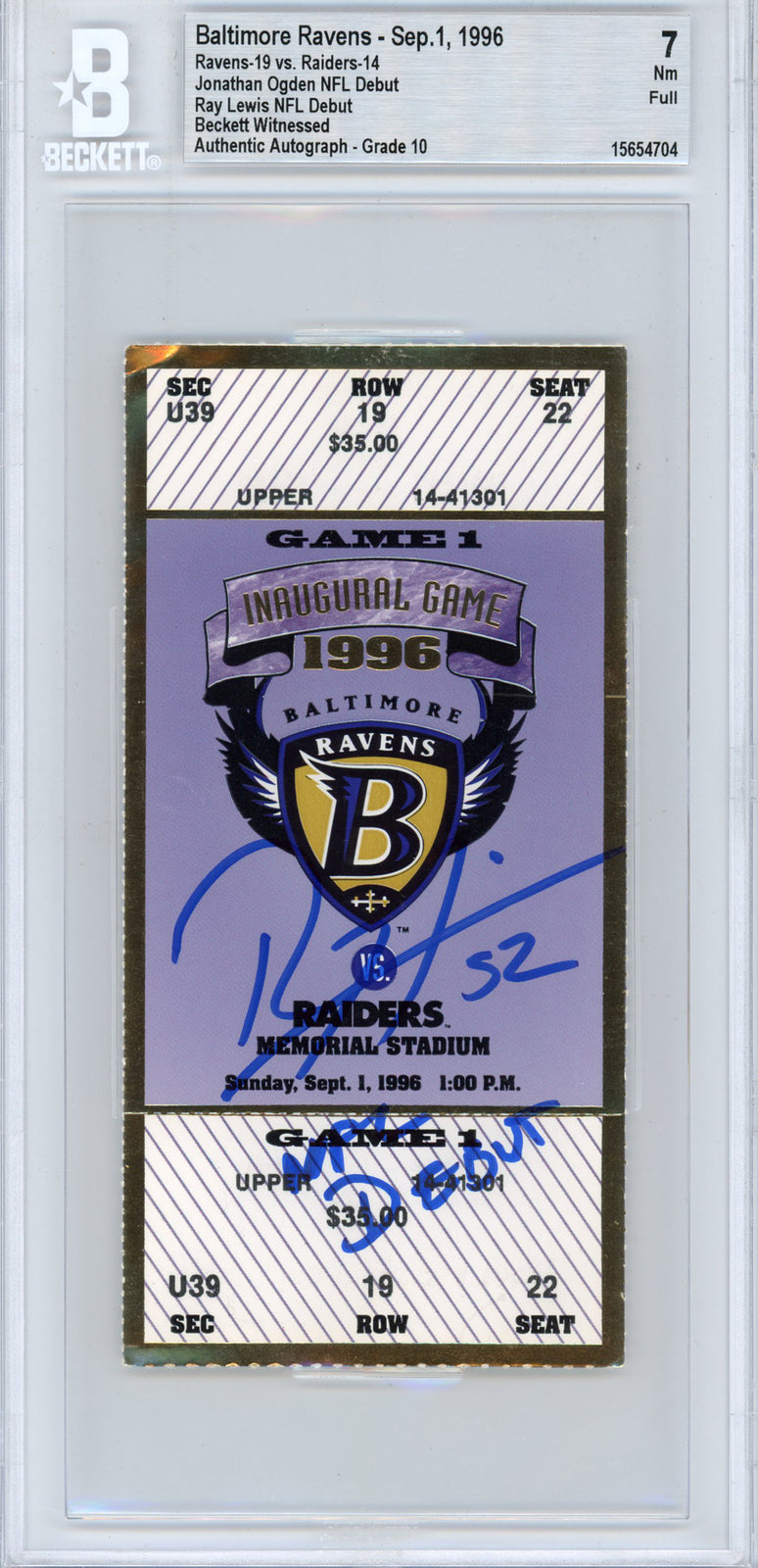Ray Lewis Autographed NFL Debut Ticket Stub Baltimore Ravens BAS Slabbed