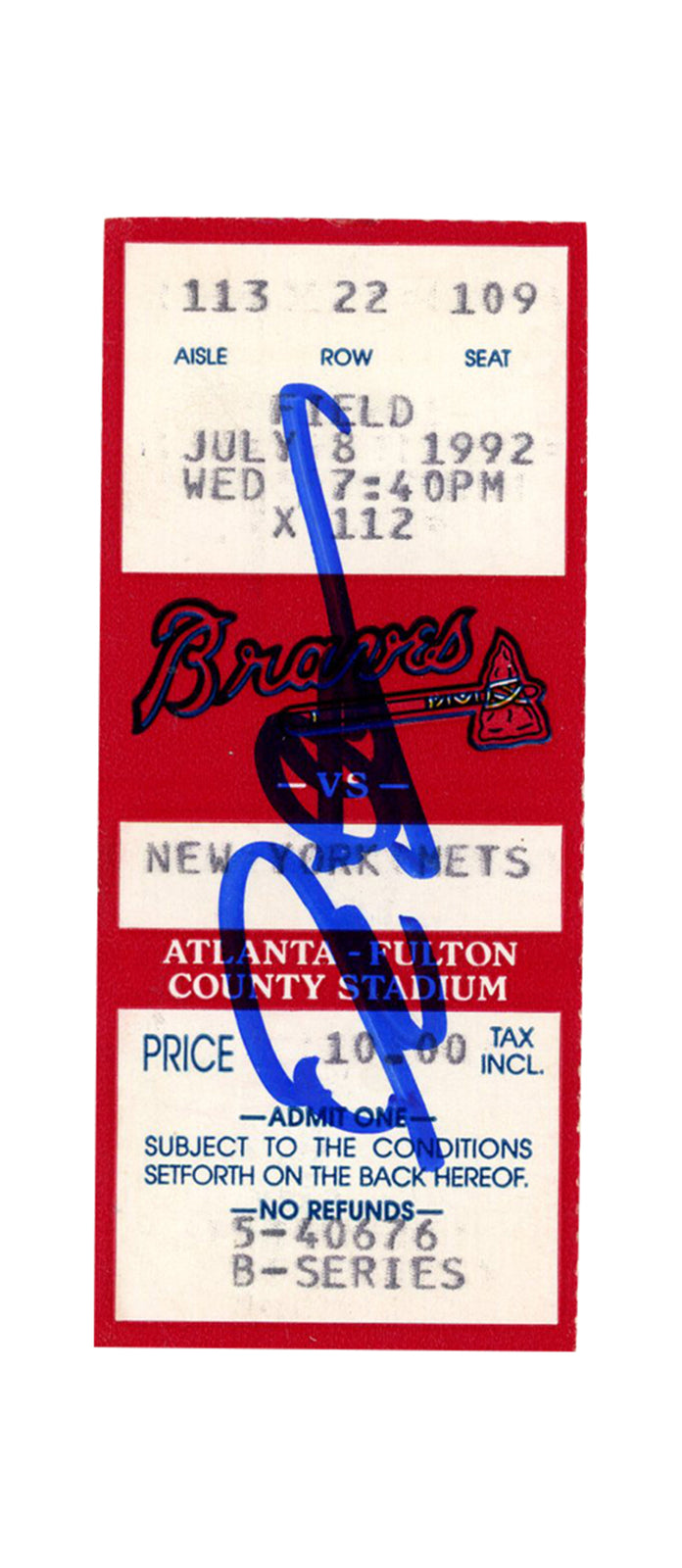Deion Sanders Signed Atlanta Braves 1992 vs Mets Ticket Stub BAS