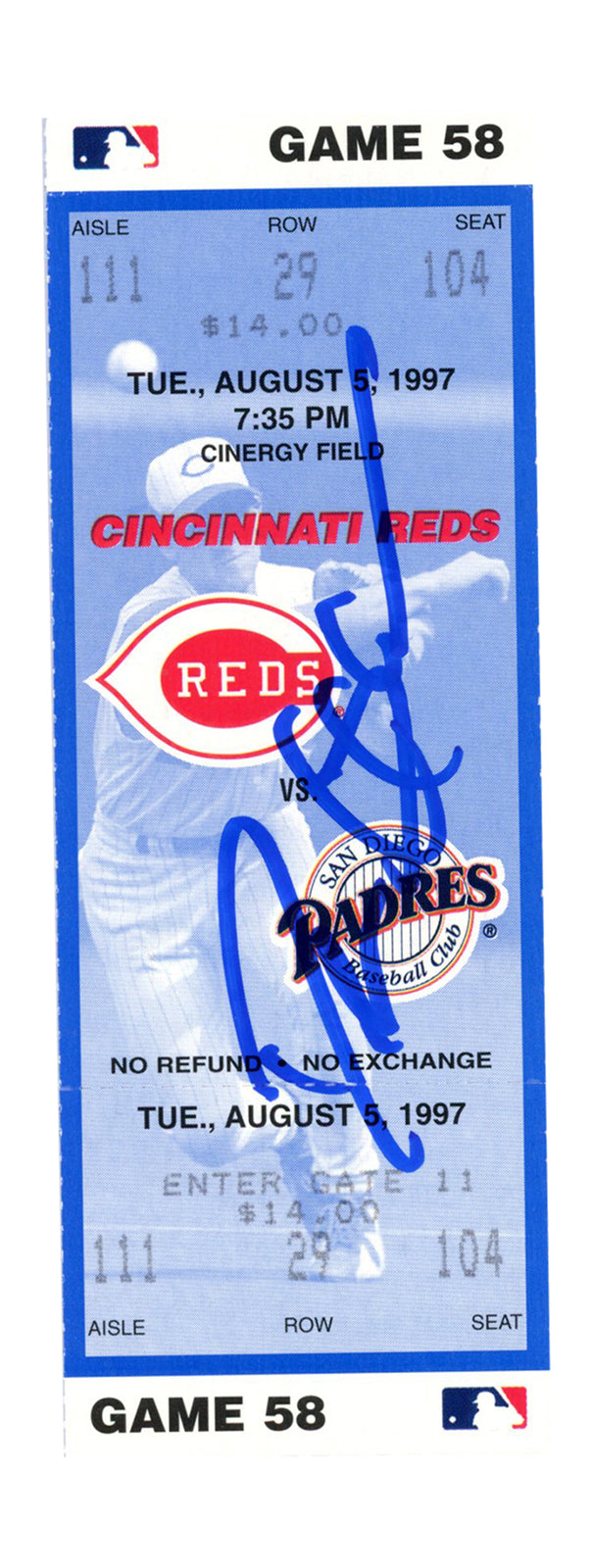 Deion Sanders Signed Cincinnati Reds Ticket Stub 8/5/1997 vs Padres BAS