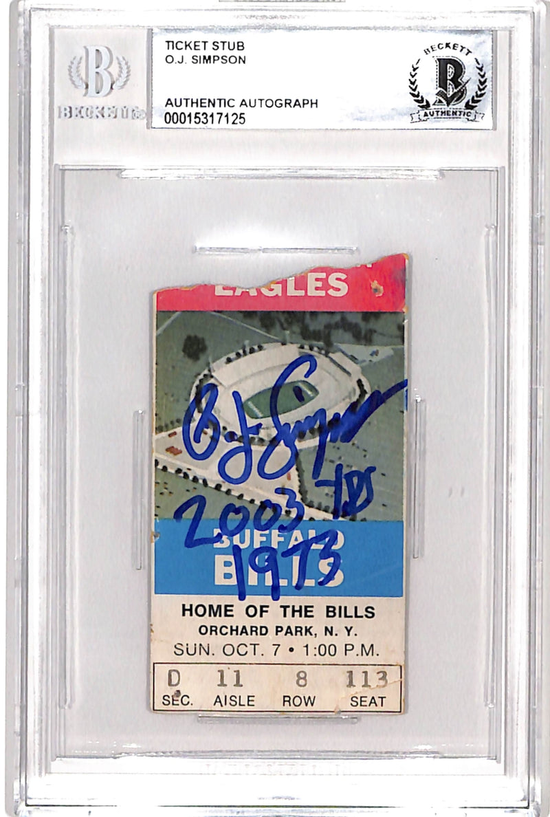 OJ Simpson Autographed Ticket Stub "2003 yds" Insc. Buffalo Bills BAS