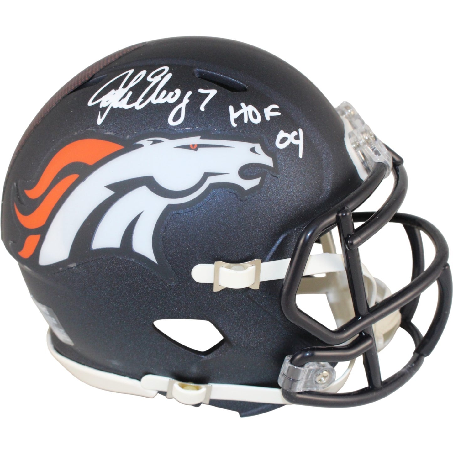 John Elway Signed Denver Broncos Mini Helmet with "HOF" Inscription Beckett BAS