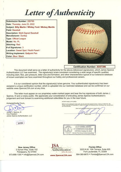 Mickey Mantle, Whitey Ford & Billy Martin Signed Yankees Baseball