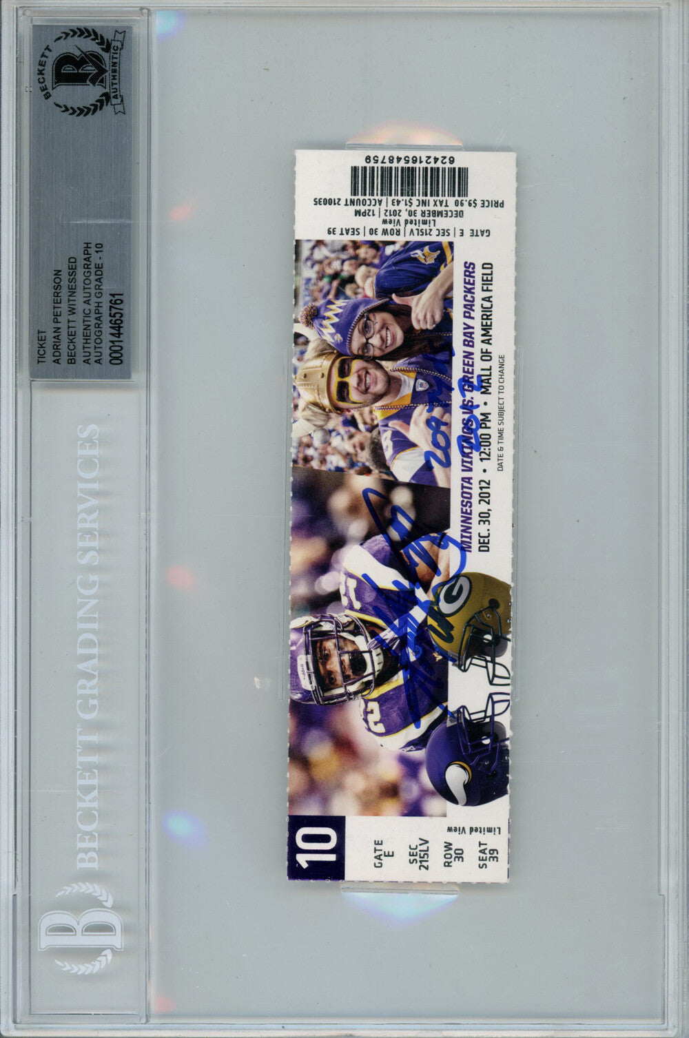 Adrian Peterson Signed 12/30/2012 Ticket Stub "2097 Yds" Beckett Slab