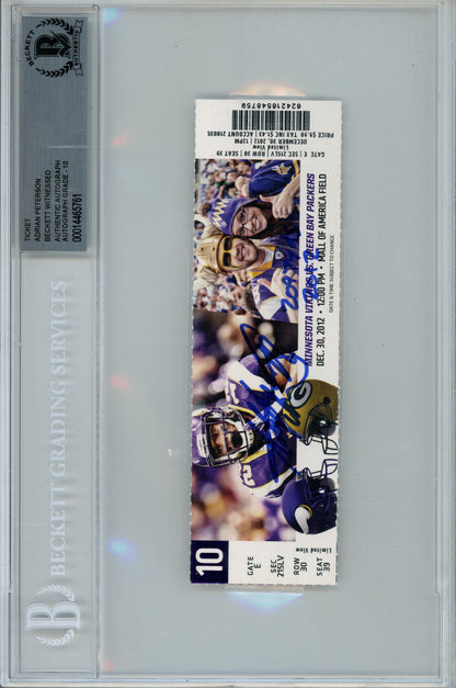 Adrian Peterson Signed 12/30/2012 Ticket Stub "2097 Yds" Beckett Slab