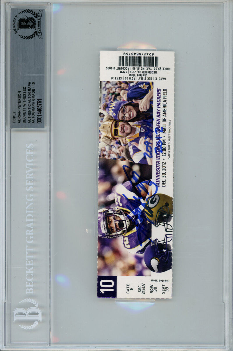 Adrian Peterson Signed 12/30/2012 Ticket Stub "2097 Yds" Beckett Slab