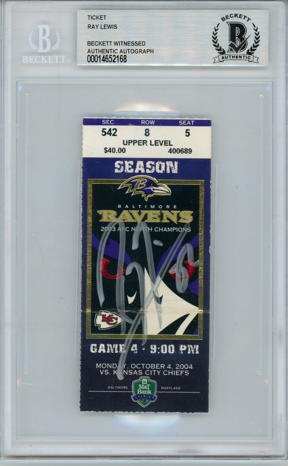 Ray Lewis Signed Baltimore Ravens Game Ticket 10/4/04 BAS Slabbed