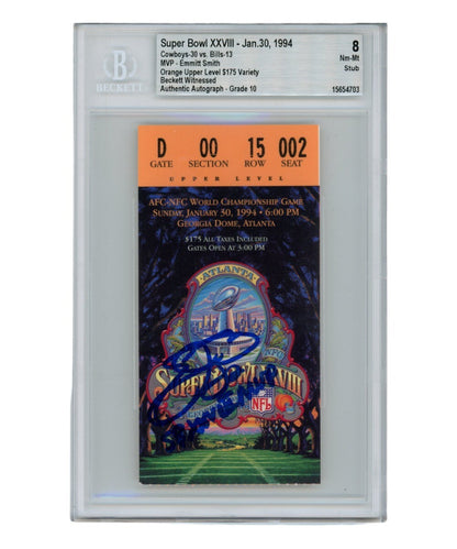 Emmitt Smith Signed Super Bowl XXVIII Ticket Stub Beckett Grade 8 MVP Inscribed
