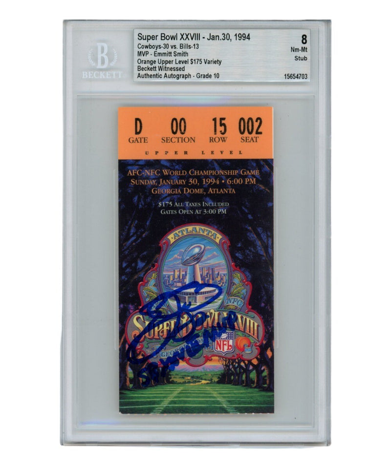 Emmitt Smith Signed Super Bowl XXVIII Ticket Stub Beckett Grade 8 MVP Inscribed