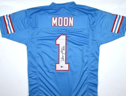Warren Moon Autographed Blue Custom Jersey (HOF Inscription)
