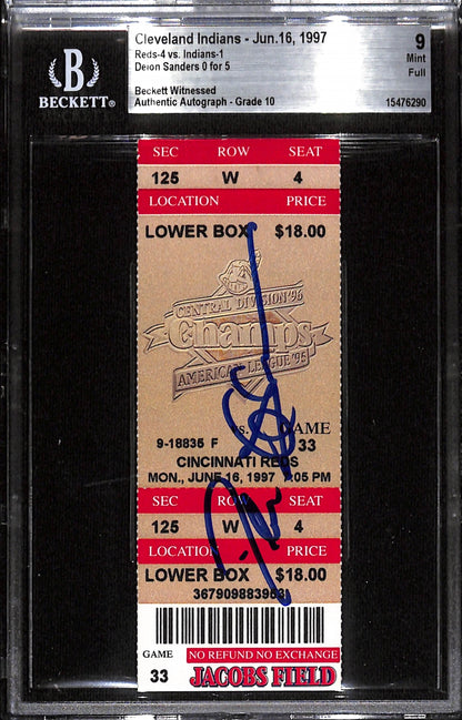 Deion Sanders Autographed Cincinnati Reds Slabbed Ticket Stub - BAS Grade 9