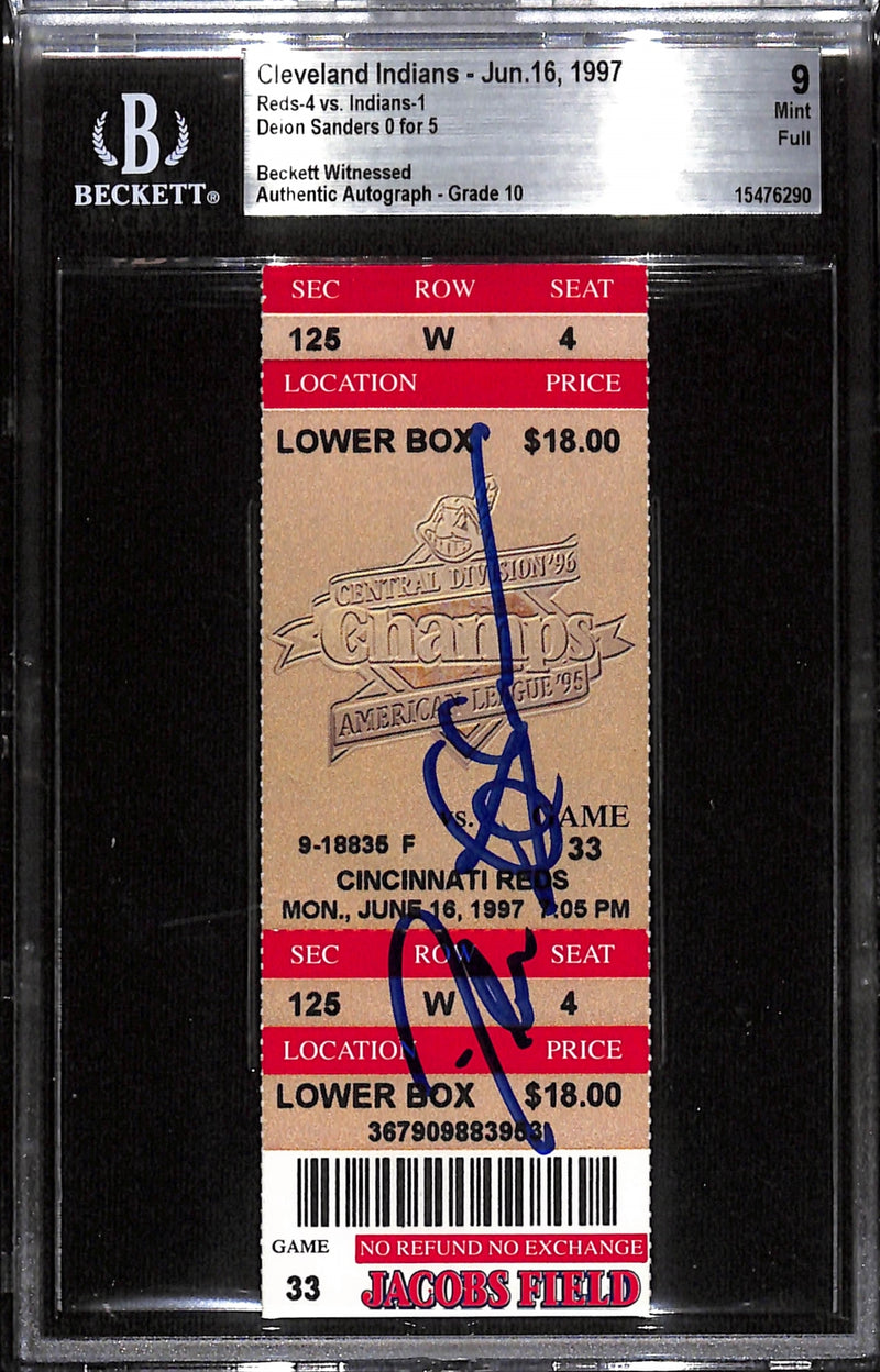 Deion Sanders Autographed Cincinnati Reds Slabbed Ticket Stub - BAS Grade 9