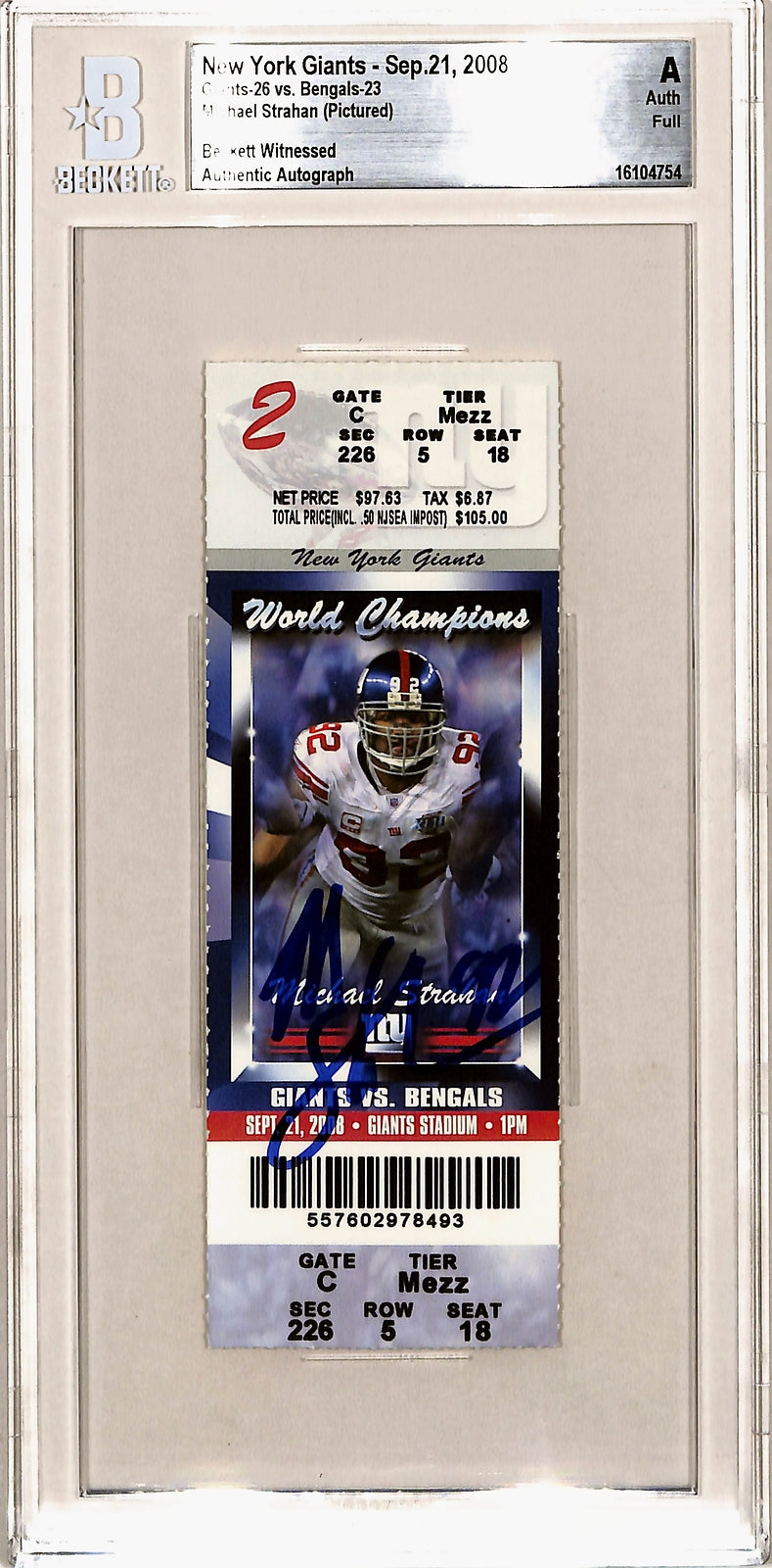 Michael Strahan Signed New York Giants Ticket Stub (Beckett Slabbed)