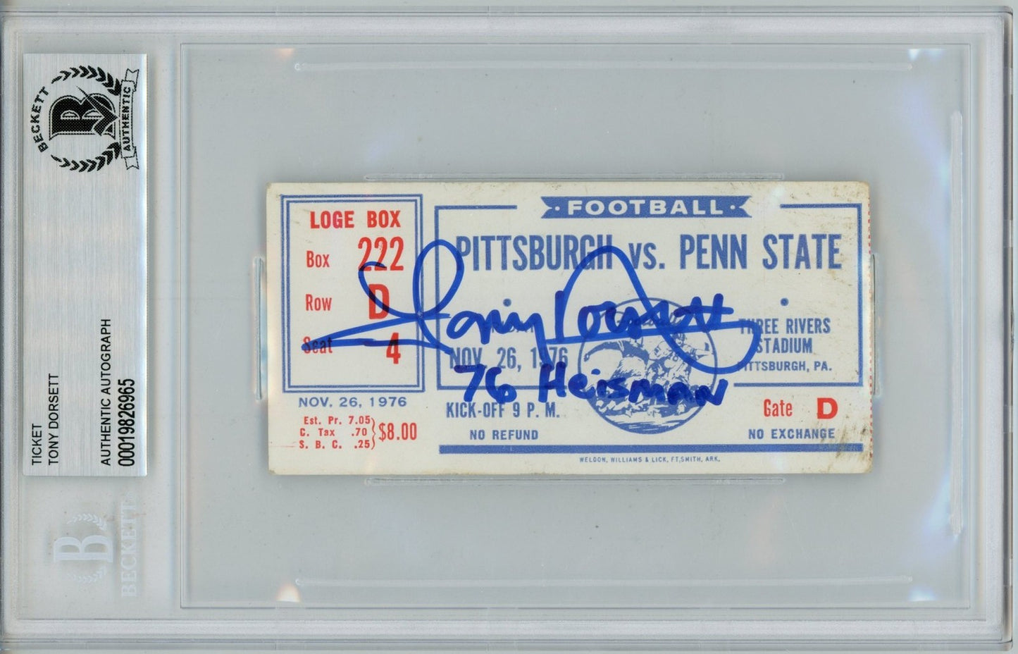 Tony Dorsett Signed Pittsburgh Panthers 1976 Heisman Slabbed Ticket