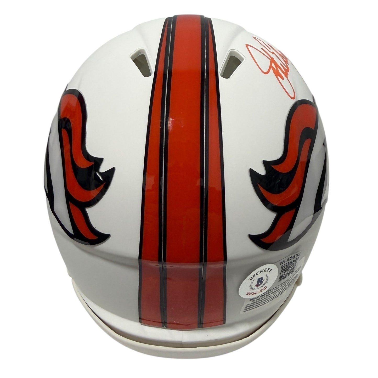 John Elway Denver Broncos Signed Flat White Mini Helmet Beckett Witness