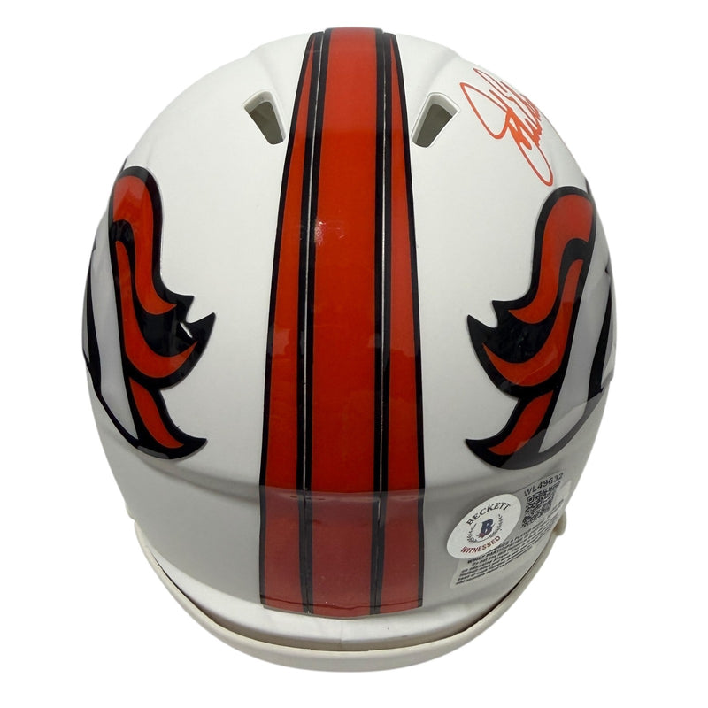 John Elway Denver Broncos Signed Flat White Mini Helmet Beckett Witness
