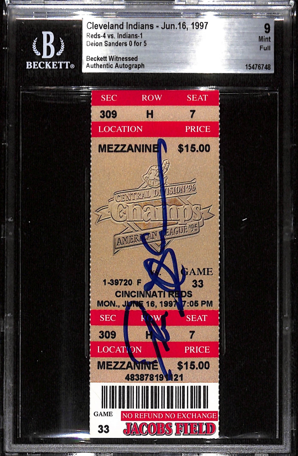 Deion Sanders Signed Cincinnati Reds Slabbed Ticket Stub - Beckett Grade 9