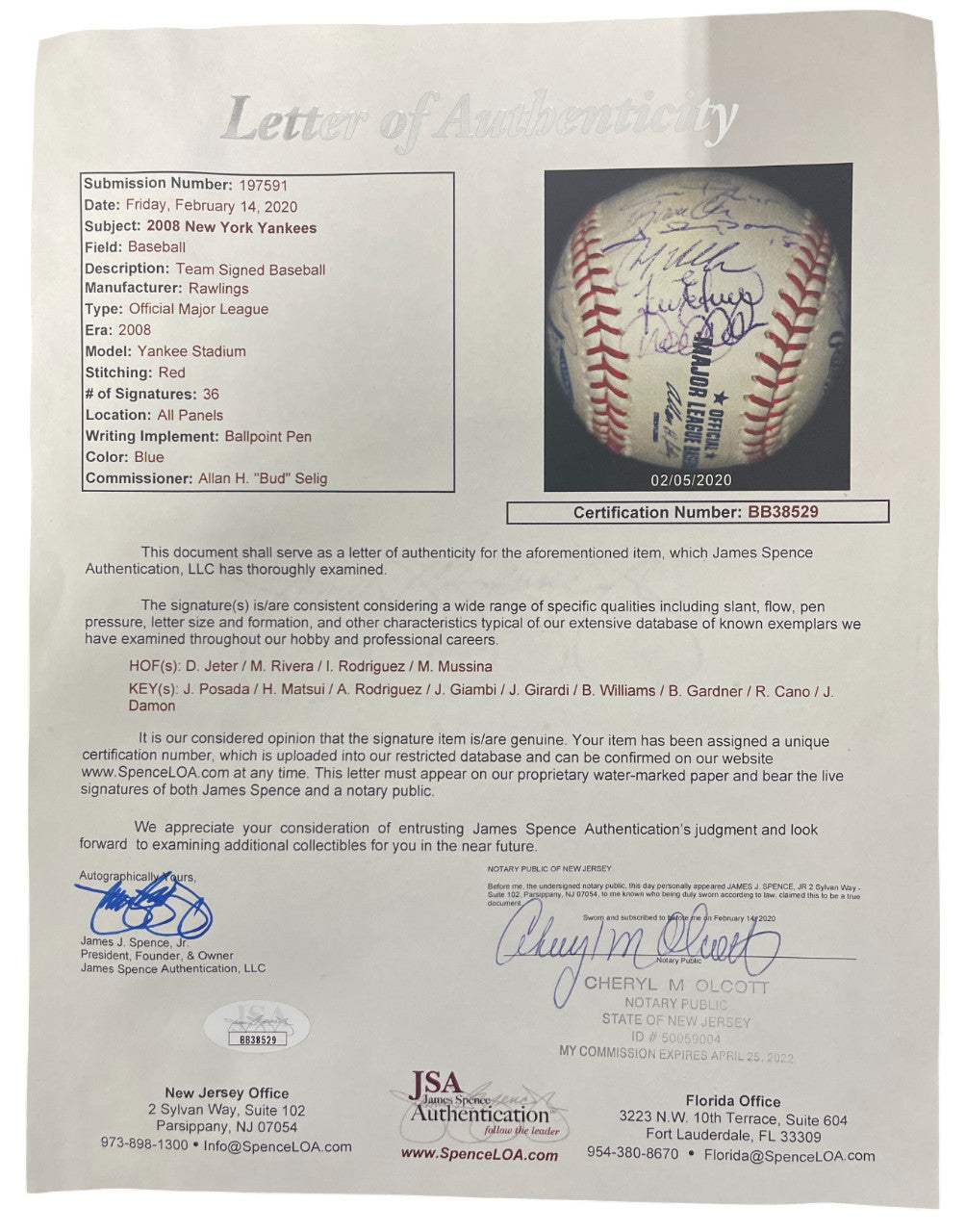 2008 New York Yankees Team Signed Final Season Logo Baseball JSA LOA