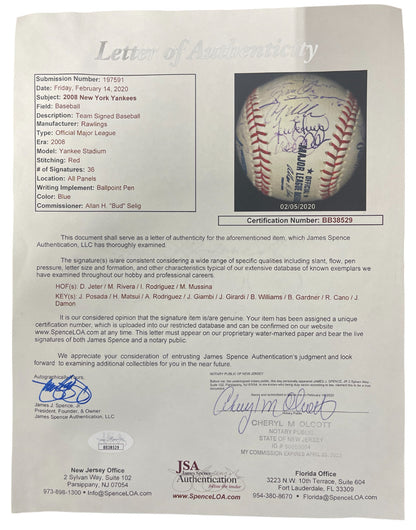 2008 New York Yankees Team Signed Final Season Logo Baseball JSA LOA