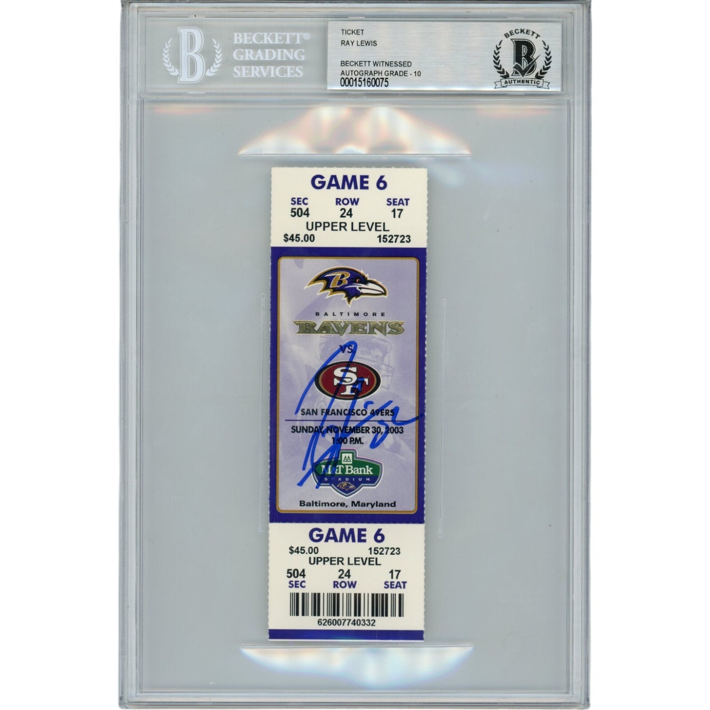 Ray Lewis Autographed Baltimore Ravens 11/30/03 Full Ticket Stub