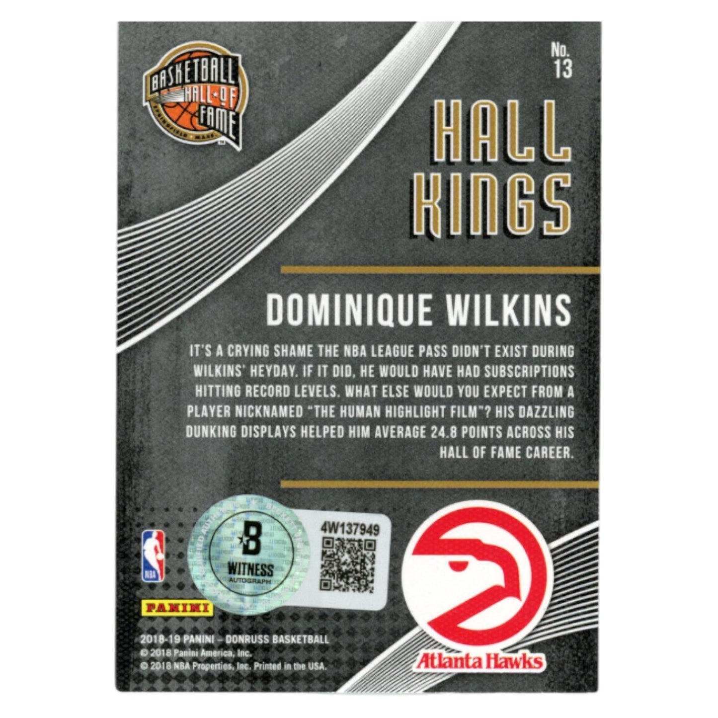 Dominique Wilkins Autographed Atlanta Hawks 2018-19 Donruss Trading Card