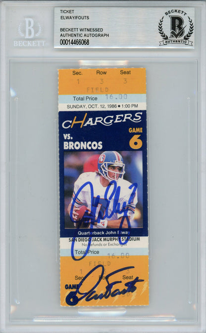 John Elway & Dan Fouts Dual Signed 1986 Broncos Ticket Stub Beckett Slab