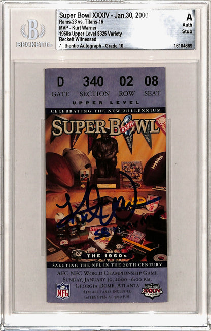 Kurt Warner Signed St. Louis Rams Ticket Stub SB XXIV MVP Inscribed Beckett Slab