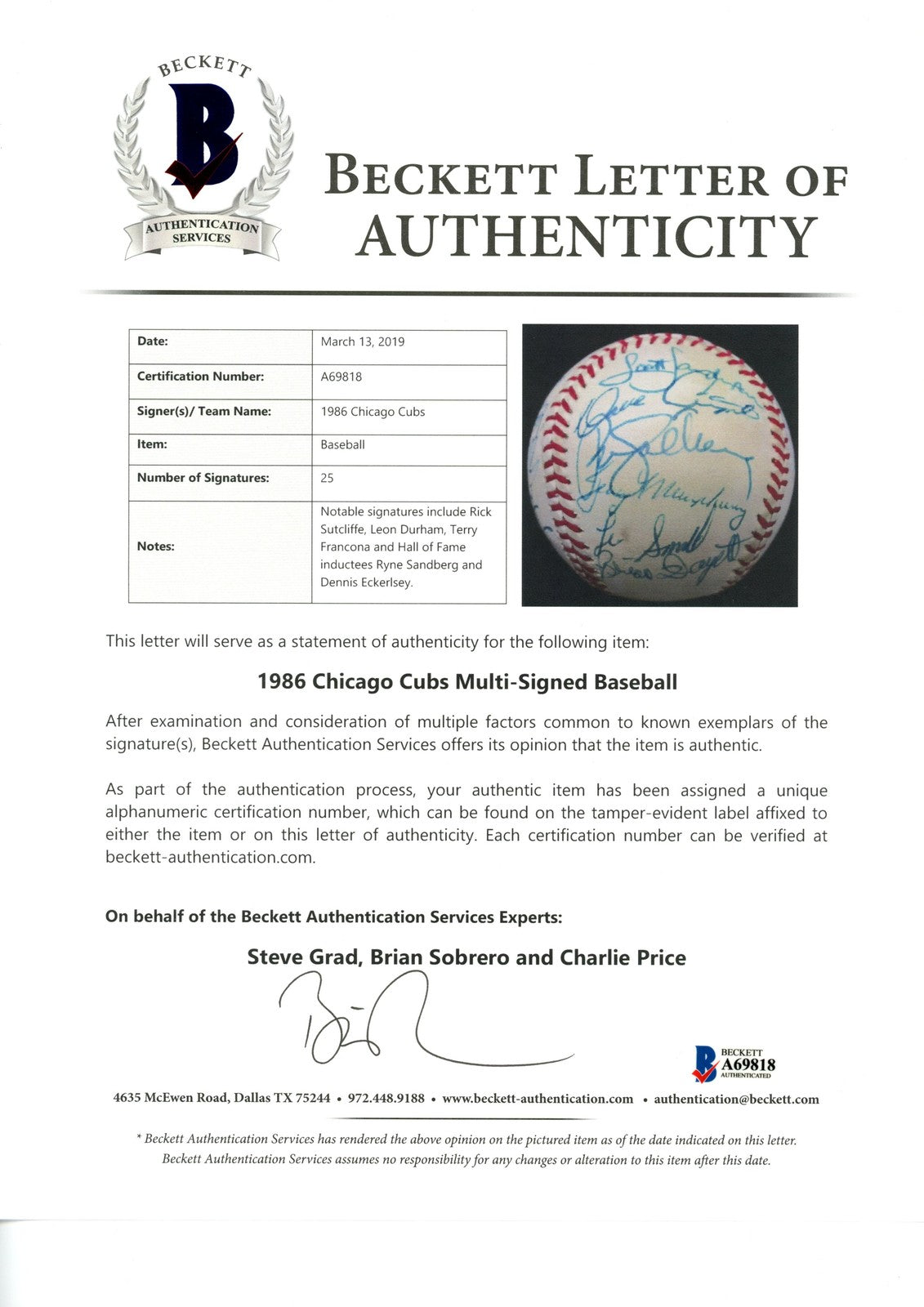 Ryne Sandberg & Dennis Eckersley 1986 Chicago Cubs Team Signed Baseball