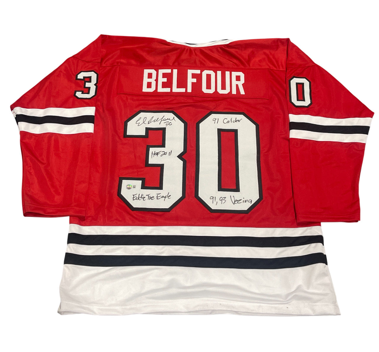 Ed Belfour Signed Chicago Blackhawks Custom Jersey with 4 Inscriptions