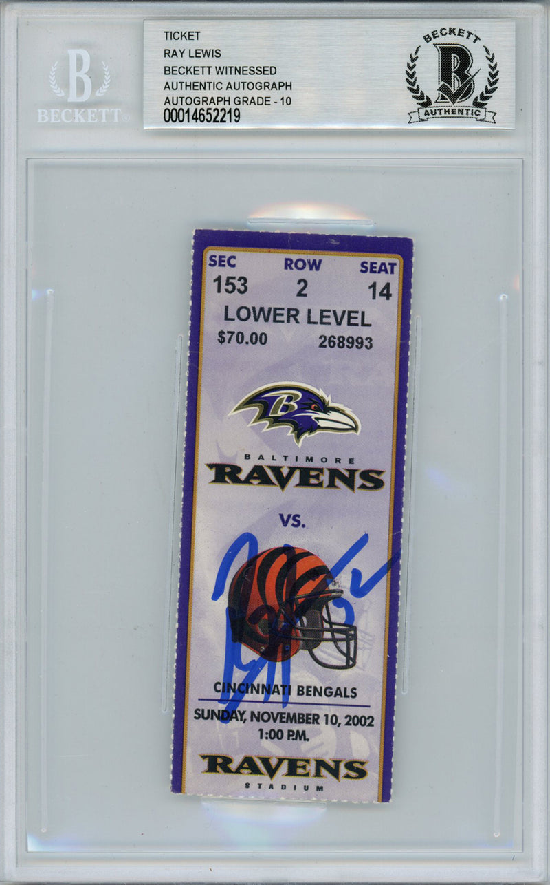 Ray Lewis Autographed Baltimore Ravens vs Bengals Game Ticket Beckett Slabbed