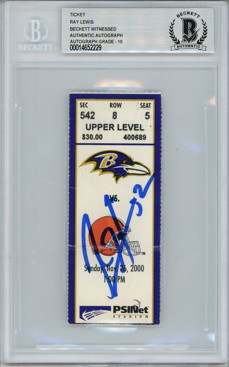 Ray Lewis Signed Baltimore Ravens Ticket Stub 11/26/00 vs Browns BAS Slab