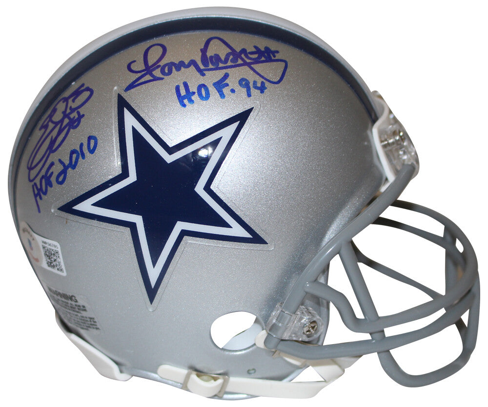 Emmitt Smith & Tony Dorsett Signed Dallas Cowboys VSR4 Mini Helmet HOF BAS
