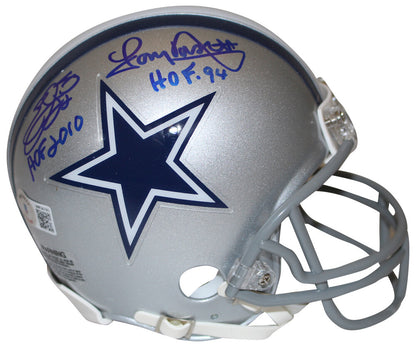 Emmitt Smith & Tony Dorsett Signed Dallas Cowboys VSR4 Mini Helmet HOF BAS