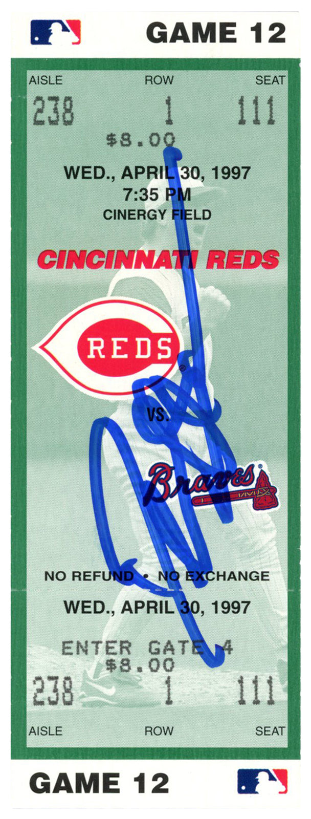 Deion Sanders Signed Cincinnati Reds vs. Braves 1997 Ticket Stub BAS