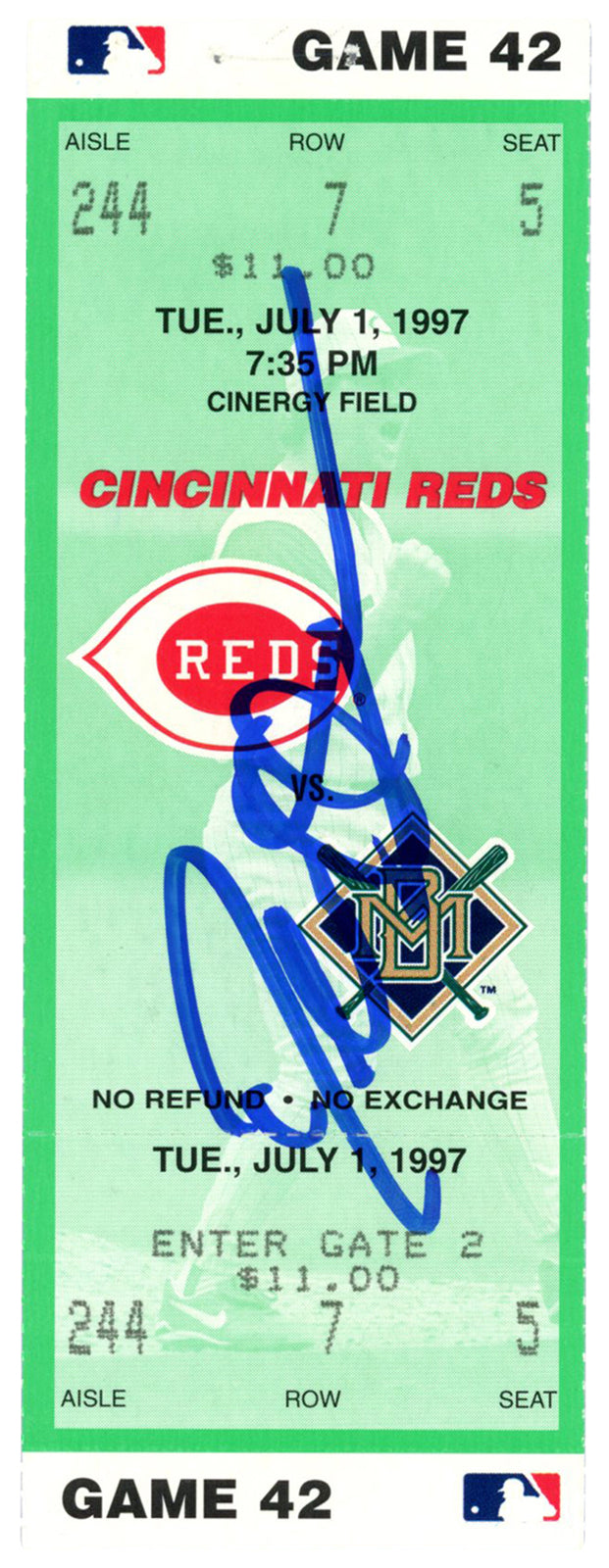 Deion Sanders Signed Cincinnati Reds vs Brewers Ticket Stub BAS