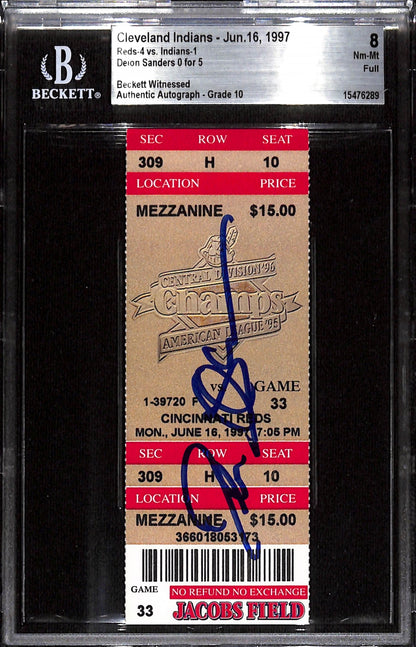 Deion Sanders Signed Cincinnati Reds Ticket Stub - 6/16/97 Slabbed Grade 8 BAS