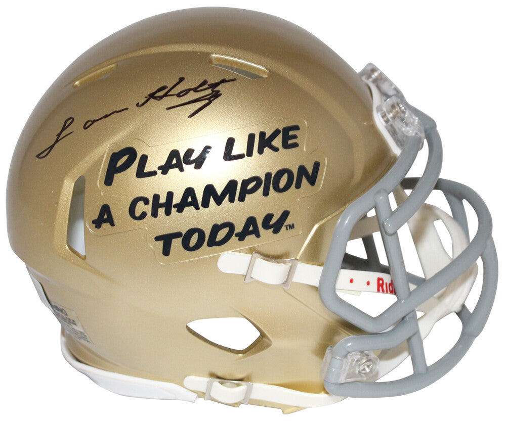 Lou Holtz Signed Notre Dame Fighting Irish Mini Helmet Inscribed "PLAC"