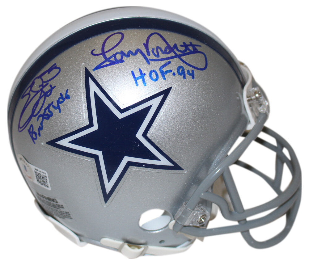Emmitt Smith & Tony Dorsett Signed Dallas Cowboys VSR4 Mini Helmet (BAS)