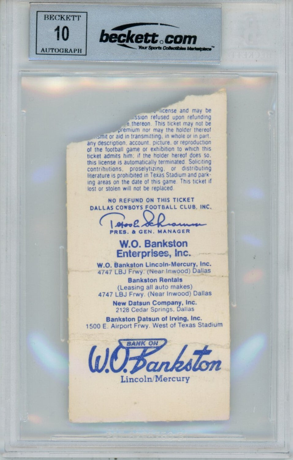 Tony Dorsett Autographed Ticket Stub Dallas Cowboys 11/27/1980 Beckett