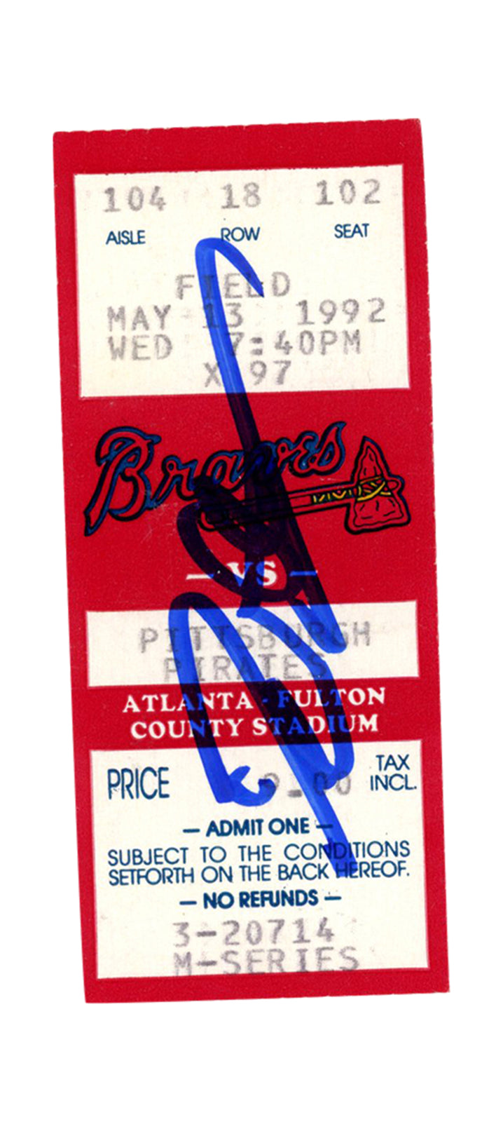 Deion Sanders Signed Atlanta Braves 1992 Game Ticket Stub (vs Pirates)