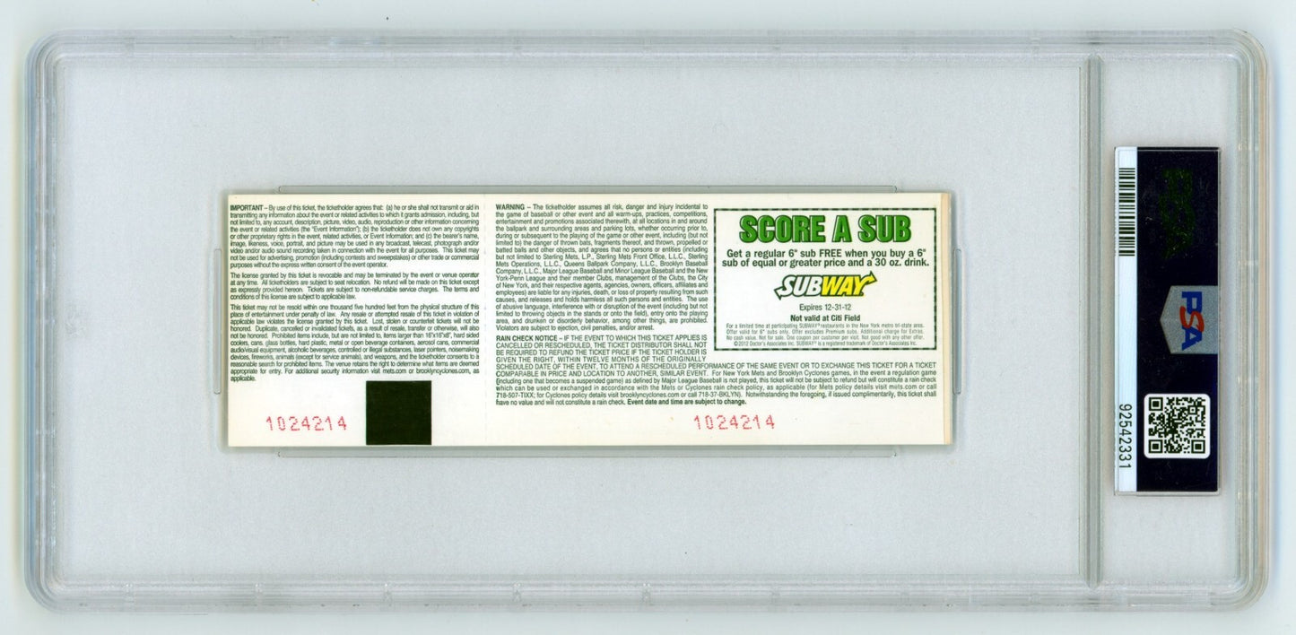 Johan Santana Signed New York Mets 1st No-Hitter Full Ticket PSA