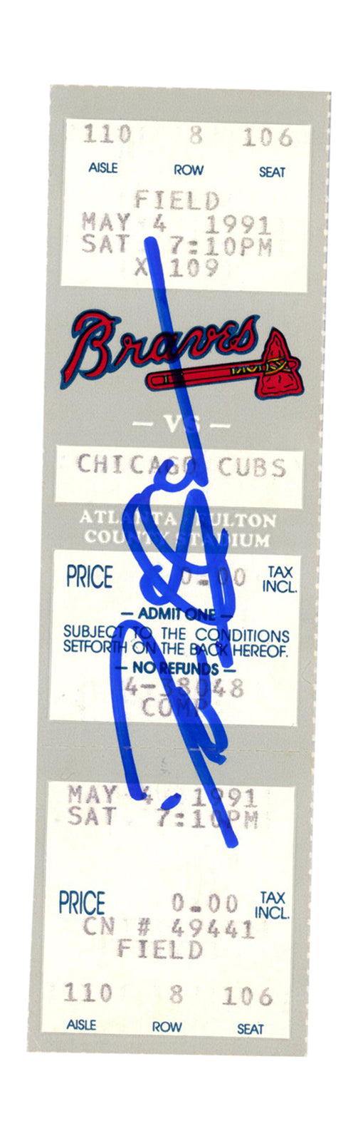 Deion Sanders Autographed Atlanta Braves Full Ticket (5/4/1991 vs Cubs) BAS