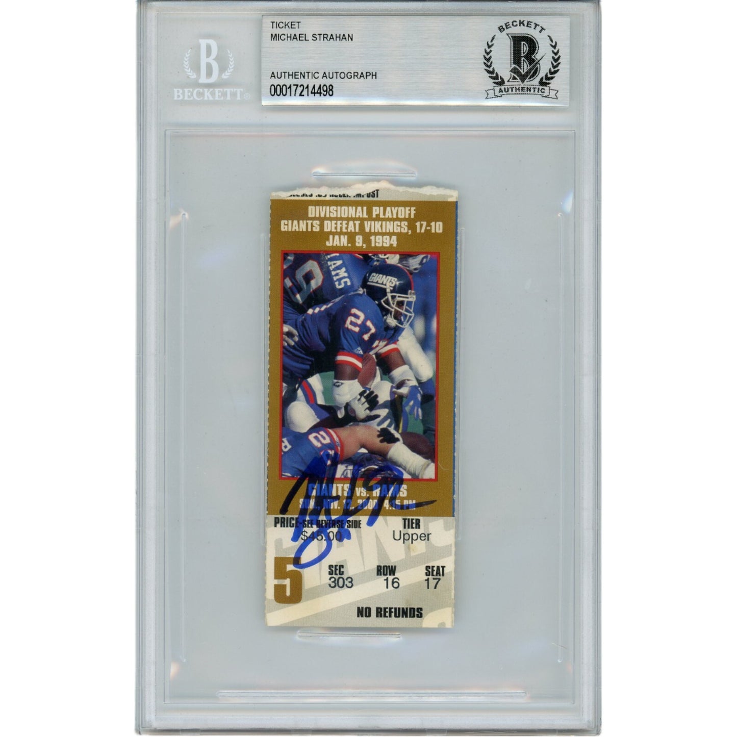 Michael Strahan Autographed New York Giants 1/9/94 Ticket Stub Beckett Slabbed