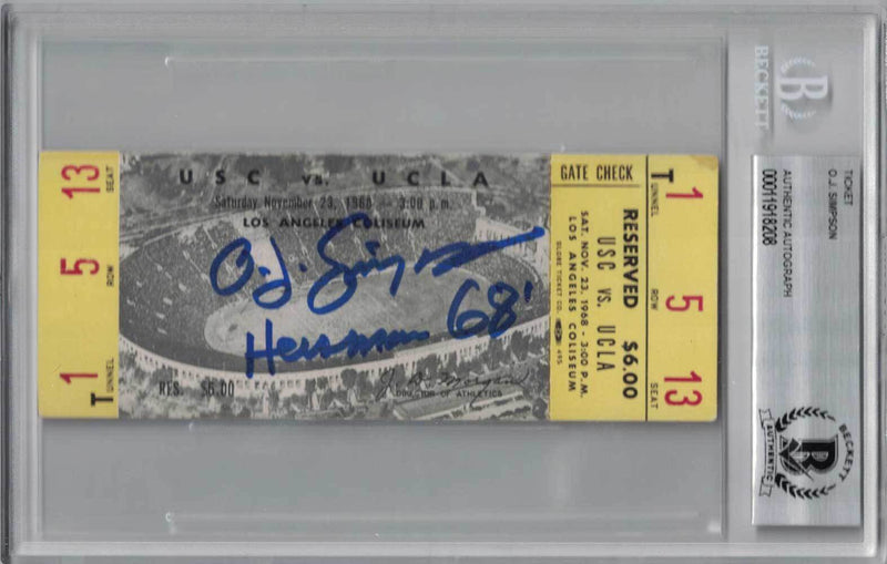 O.J. Simpson Signed 1968 USC vs UCLA Ticket with Heisman 68 Inscription