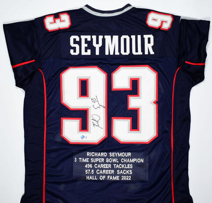 Richard Seymour Autographed New England Patriots Blue Custom Stat Jersey